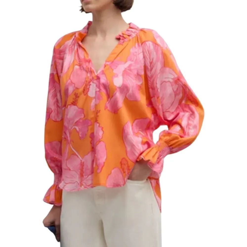 Finley Royal Hawaiian Orange Pink Blouson Sleeve Candace Top